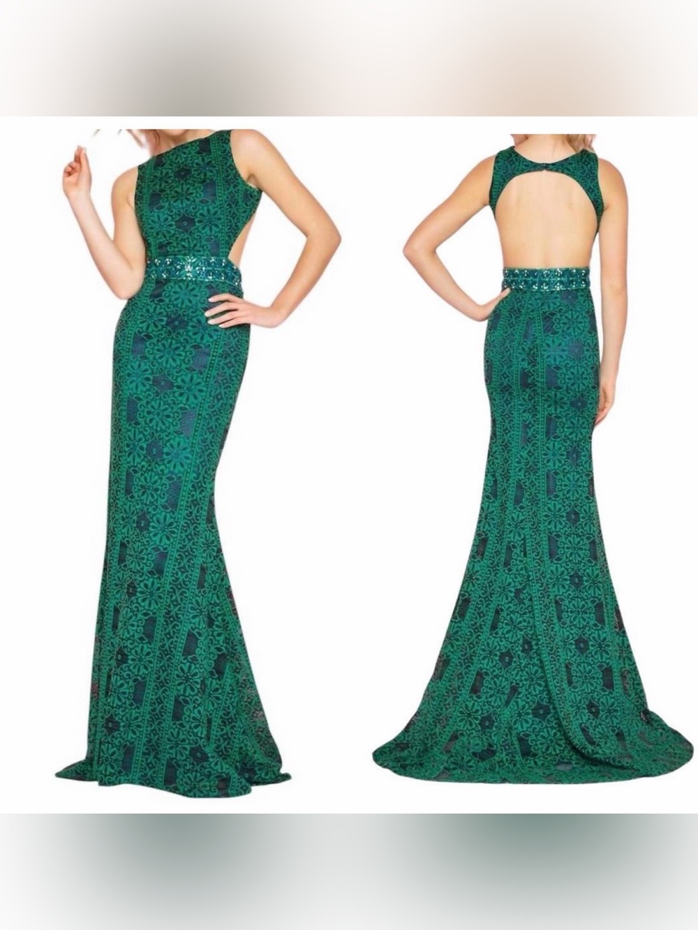 Mac Duggal Emerald Green Open Back Beaded Floral Brocade Maxi Dress 2